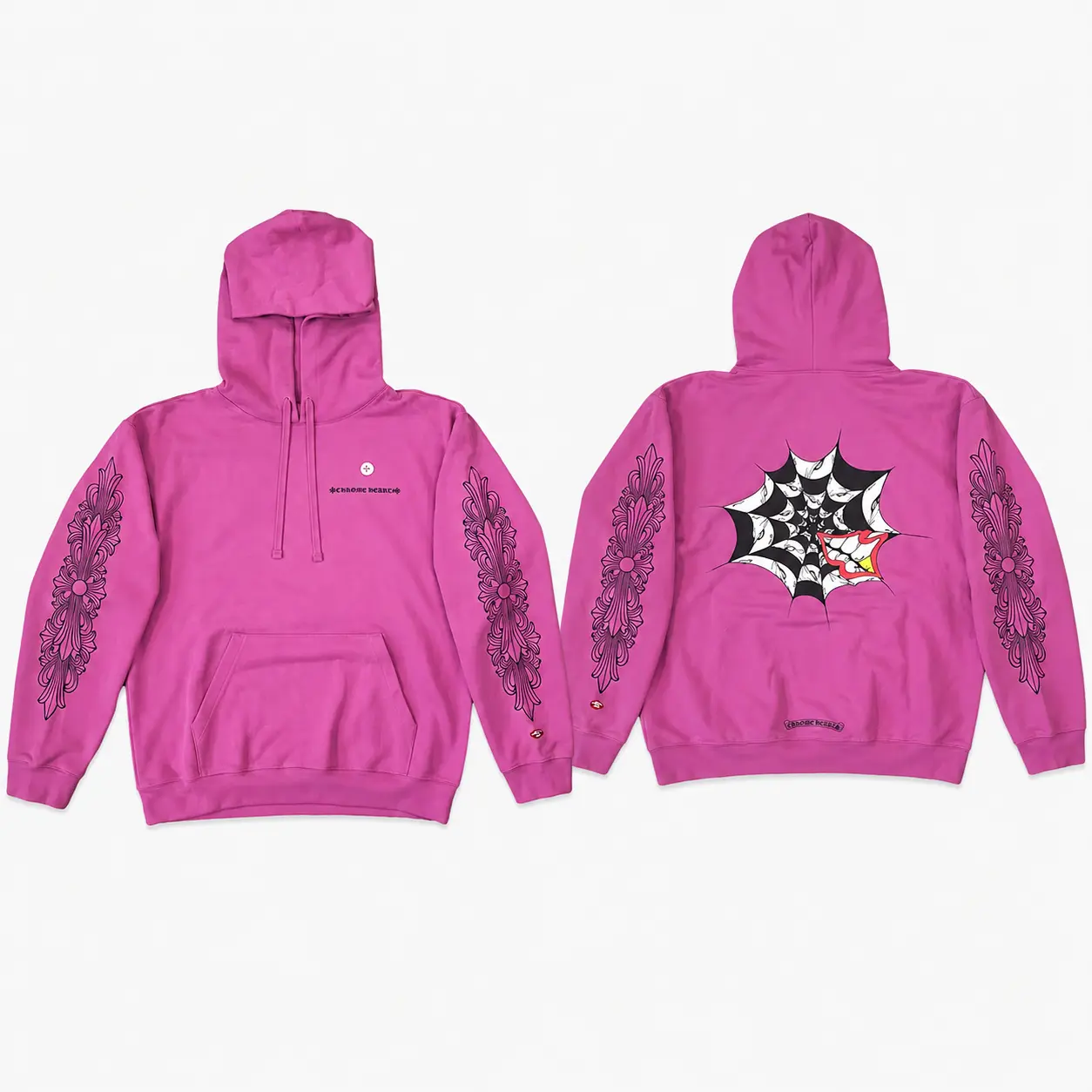 Chrome Heart Spider Web Graphic Hoodie, Ornamental Sleeve Print Pullover, Y2K Gothic Streetwear Sweatshirt