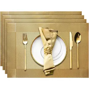 Placemats Set of 4, Table Heat Resistant Woven Placemats Washable PVC Place Mats Woven Vinyl Placemats Non-Slip Stain Resistant Kitchen Table Placemats Easy to Clean, Gold