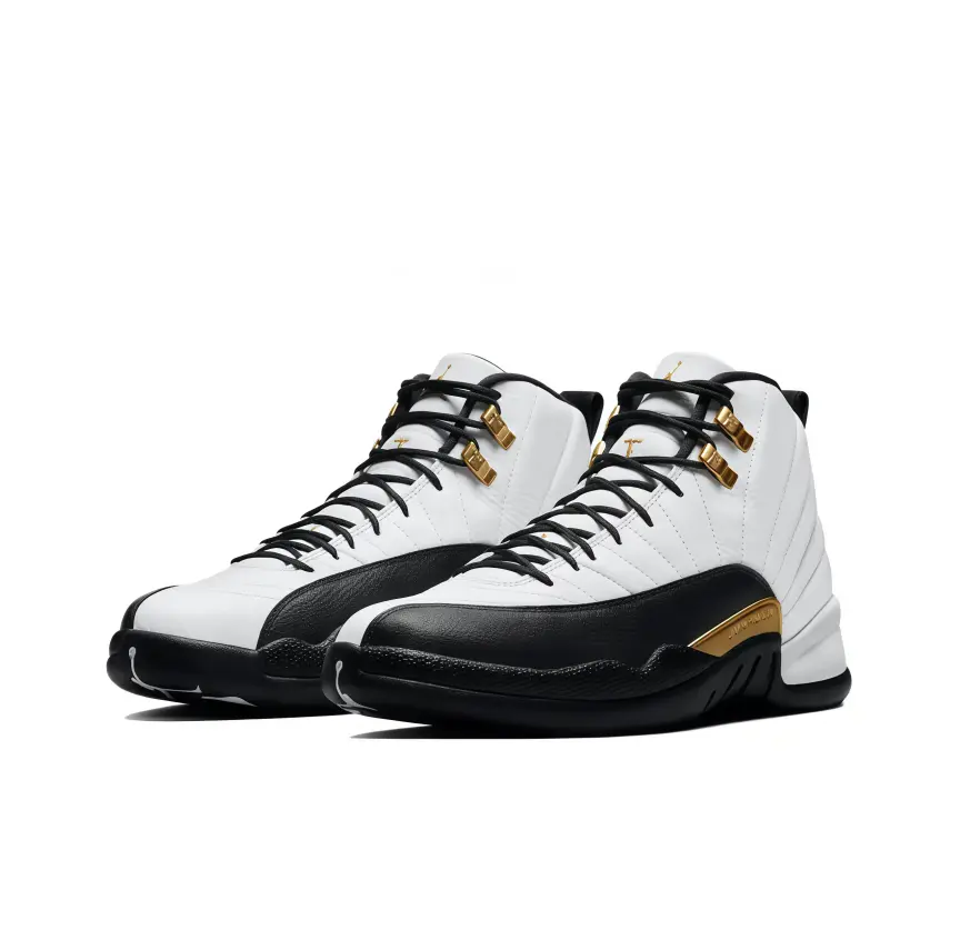 White and black leather high top basketball sneaker, metallic gold lace locks and side accent, stitched upper, solid black outsole.