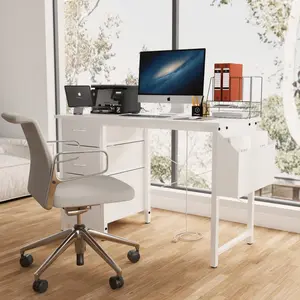47.3" Office Desk with Power Outlet, 3 Drawers, Side Pocket, Study Desk Easy to Assemble, Frame stability Reversible for Home Desk, Company Computer Desk, Game Table,Vanity Table, White