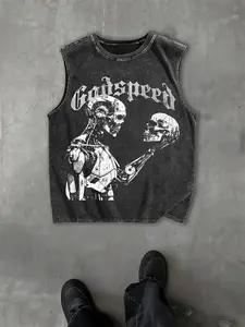 Men's Cotton Sleeveless T-Shirt Streetwear with Street Art Print, Breathable Loose Fit for Summer, Vintage Wash Design for Trendy, Menswear, Casual