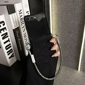 Luxury Black Glitter Lace Flowers Pattern Phone Case Mesh Flash Rope for Samsung Galaxy Z Flip7 Flip7fe Flip6 Z Flip5 Cover
