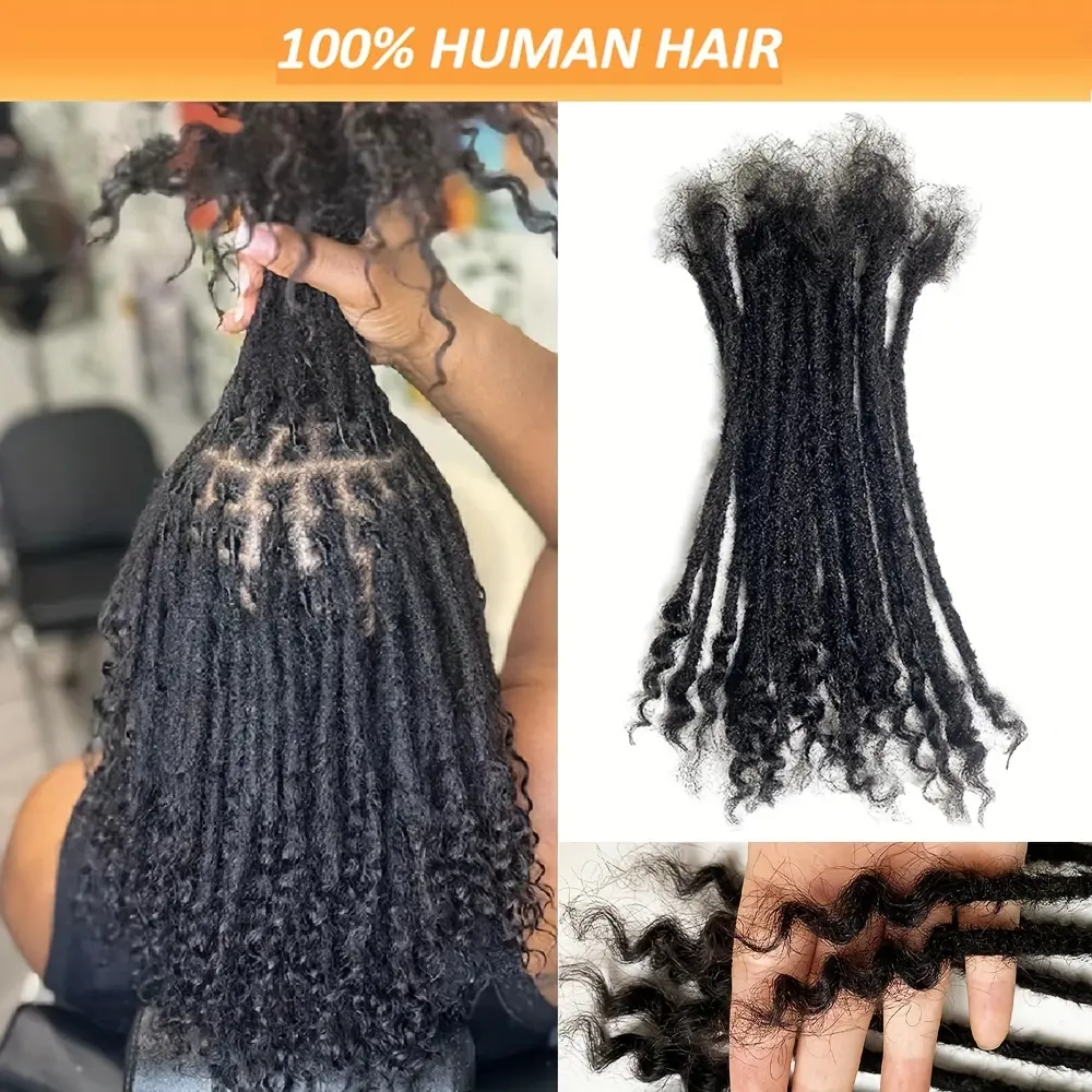 Fashion 8 Inch Real Human Hair Dreadlock Extensions - 20 Strands, 36g, Permanent Locs with Curled Twists for Men & Women