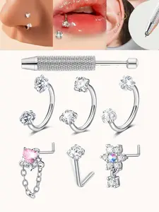 Cz Cubic Zirconia Septum Nose Ring, Heart Design Chain, Stainless Steel Internal Thread Horseshoe Nose Ring Heart & Star Design, 18g/20g Unisex Cartilage Earring Studs, Fashionable Jewelry Gift, Nose Hoop