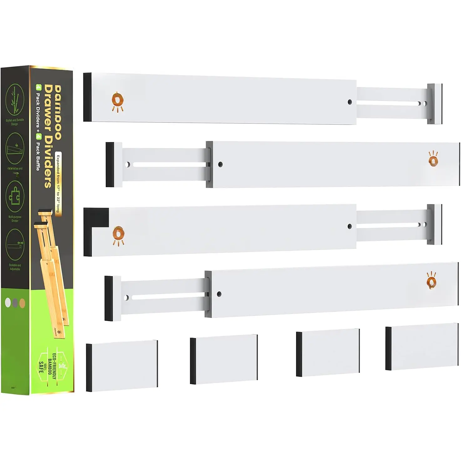 Bamboo Drawer Dividers Organizers, Expandable Drawer Separators Splitter,17-22 inches Long Adjustable Spring-loaded Organizer for Large Utensil, Clothes, Tools Drawers (White)
