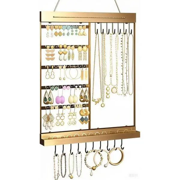 5-Tier Wall Mount Jewelry Organizer with Wooden Ring Holder, Hanging Earring Necklace Bracelet Display Stand, Space Saving Black Storage Rack for Women, Durable Multi-Functional Home Decor