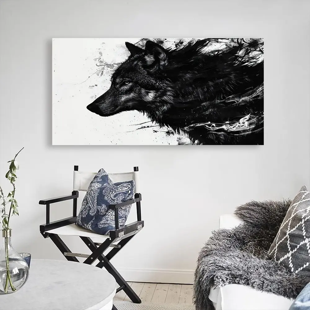 2D Flat Extra Large less Wolf Canvas Wall Art Animal Wall   Dining Room   Print Picture For Home Black Wolf Poster Modern Wolves Print Artwork