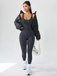 Seamless Knitted Tight-Fitting Women's Leopard Print Jumpsuit, Outdoor Cycling Sports Onesie, One-Piece Sportswear
