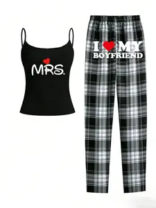 Couple Matching Pajamas Set, Mr & Mrs Graphic Loungewear, I Love My Girlfriend/Boyfriend Checkered Plaid Pants, Sleeveless Cami & Short Sleeve Tee, Soft Breathable Nightwear for Valentine's Day, Honeymoon, Date Night