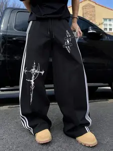 Men's Summer Gothic Style Print Loose Fit Pants, Ice Silk Texture, Comfortable Fashion, Casual Daily Wear, Versatile Design, Durable