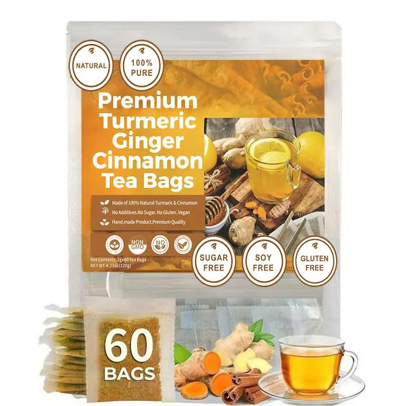 Turmeric Ginger Cinnamon tea Crushed Raw Chinese Herbal Tea Bags - shopping deals today,loaded tea，60 Bags, 120g, 12 Months Shelf Life, 100% Natural, No Sugar/Caffeine/Gluten, Anti-Inflammatory, Eco-Conscious Tea Drink Tea Variety Pack Beverage