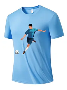 Men's Watercolor Football Scene Print T-Shirt, Blue Quick-Dry Fabric, Casual Short Sleeve for Outdoor Sports and Daily Wear
