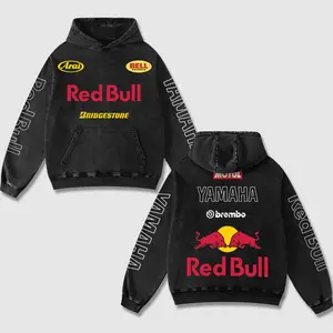Retro Redbull x Yamaha Racing Acid Washed Hoodie MotoGP World Champion Enthusiast Apparel Streetwear Racing Team Motorcycle Clothing Motobike Riders Supermotor Off-Road Dirt Bike Fan Gear Cotton For Motor Fan