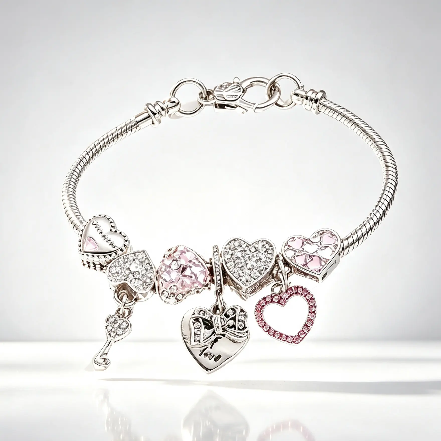 Women's Silver Snake Chain Charm Bracelet - Multi-Heart Rhinestone Enamel Dangle Beaded Bracelet with Adjustable Extension Clasp, Fashion Costume Jewelry Gift