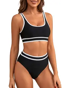 JointlyCreating Women's High Waisted Bikini Sets Sporty Two Piece Swimsuits Color Block Cheeky High Cut Bathing Suits for Summer