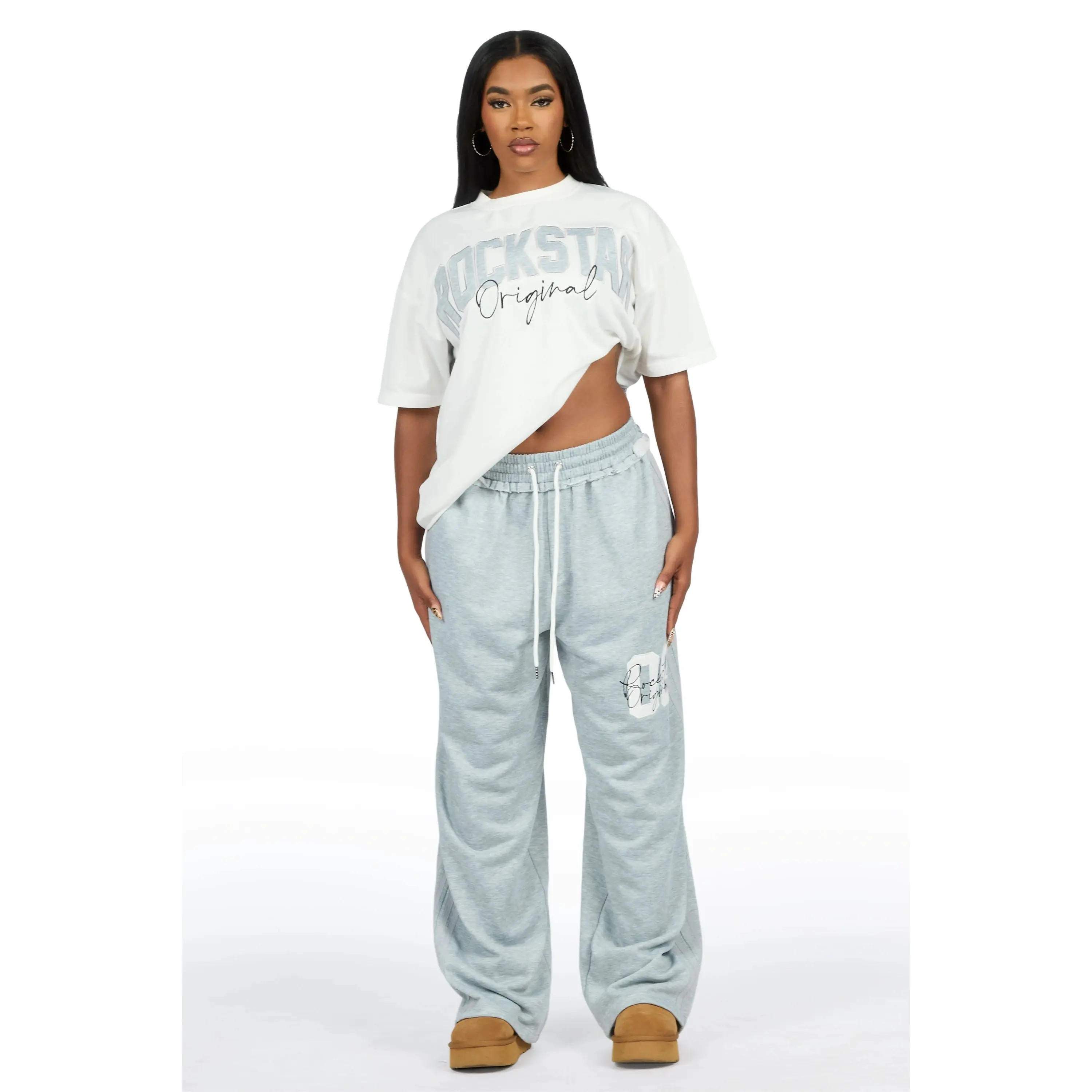 Cheyane White/Grey French Terry Chenille Tee/ French Terry Relaxed Track Set Cheyane White/Grey French Terry Chenille Tee/ French Terry Relaxed Track Set