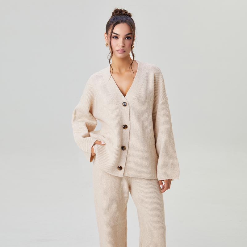 KatchMe Women's Slouchy Solid Color V-Neck Button-Up Long Sleeve Cardigan & Stretch Loose Trousers Co-ord, Minimalist Two Piece Outfits, Cozy Womenswear