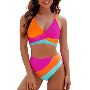 2025 Color-Block High-Waisted Bikini Two-Piece Set for Women with Tie Sexy Swimsuit Hot-Selling Beachwear