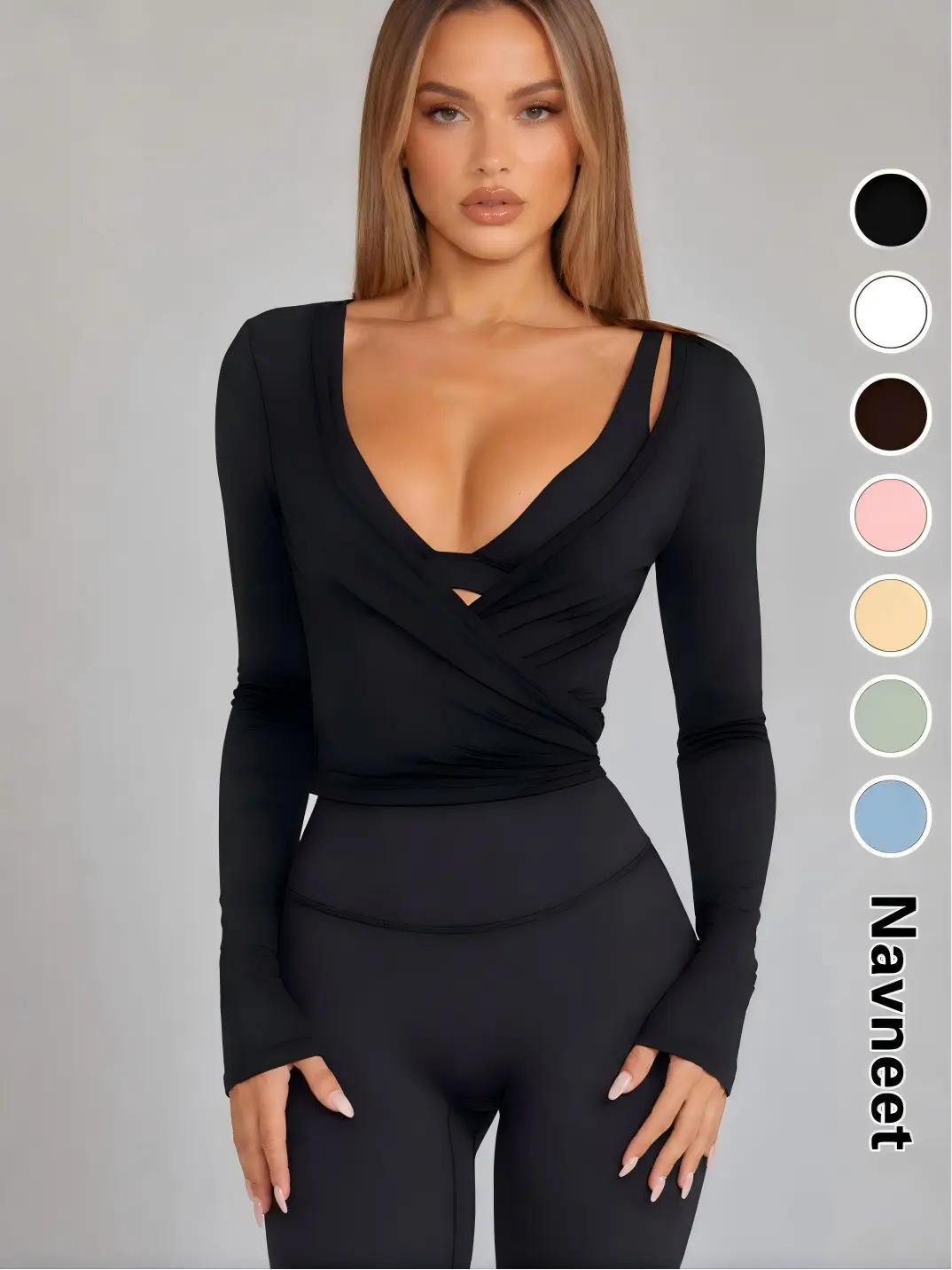 NAVNEET Women's Long Sleeve Wrap Yoga Top, Elegant Tie Front V-Neck Crop Cardigan, Soft Slim Fit Shirt for Gym & Pilates Outfits, Elegant Gym Outfits, Cardigan Outfits, Deep V-Neck, Yoga & Dance, Chic, Fitted, Office Ootd, No
