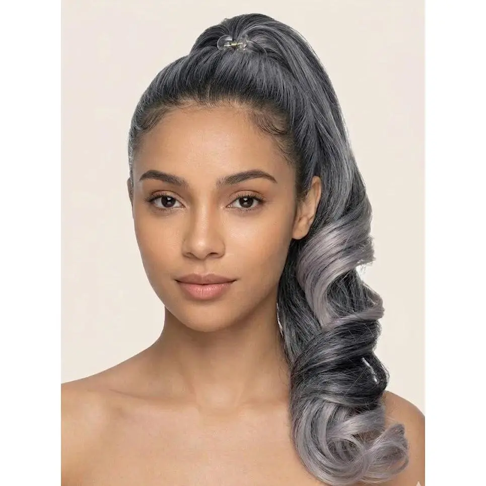 Ponytail Extension for Women, 14 In Grey Ombre Layered Wavy Synthetic Hair, Heat-Resistant with a Secure Jaw Clip for Instant Volume, Natural, Claw Clip, Quick Fix, Instant Transformation, Synthetic Fiber, Synthetic Fiber Extensions