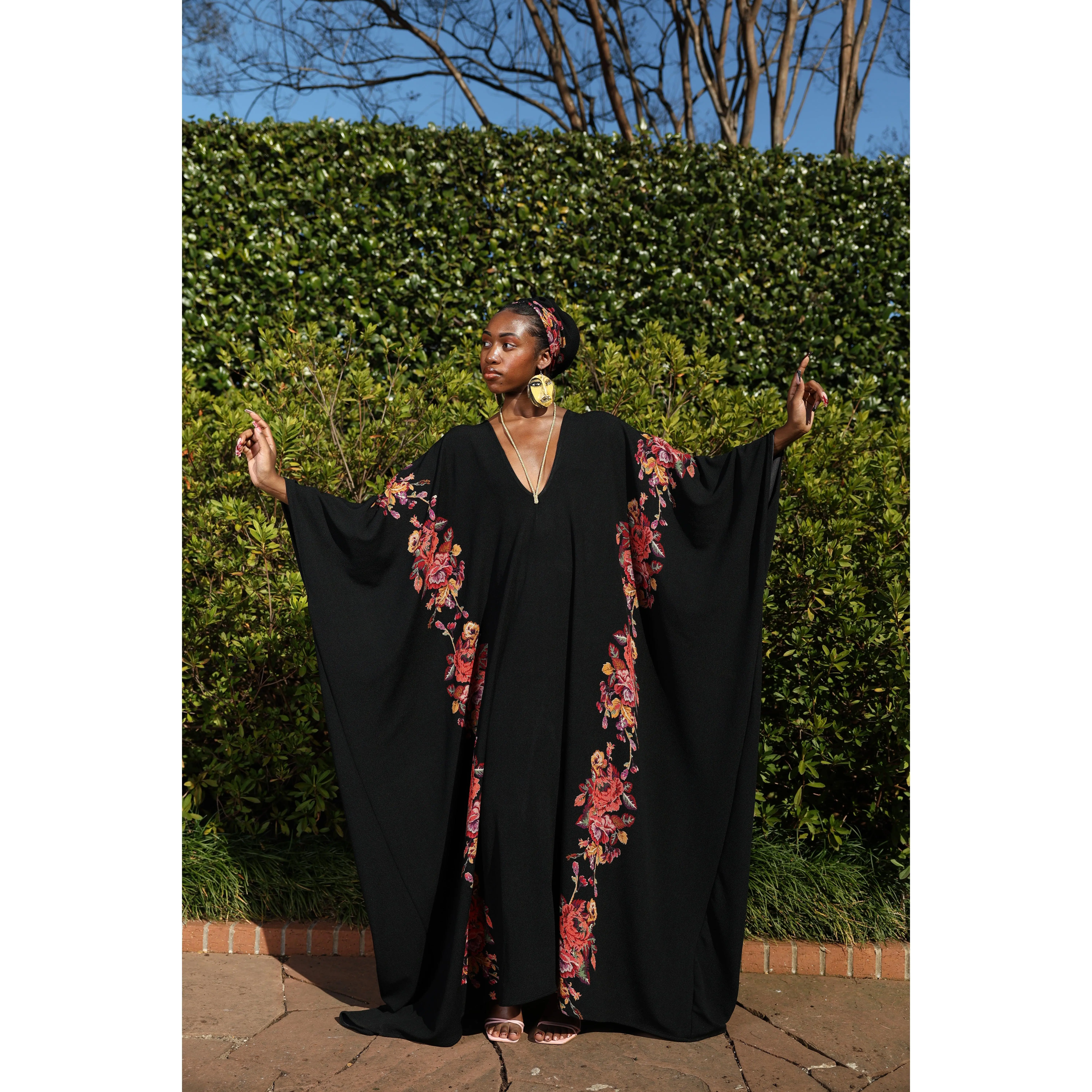 Black Floral Kaftan with Gold Rope Detail | Elegant Resort Cover-Up for Women