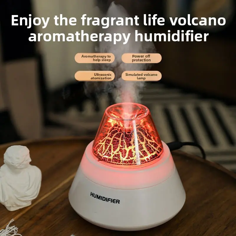 Compact Mini Volcanic Look Humidifier - Cool Mist Herbal Diffuser with Flame Light, Ultra-Quiet Functionality, Suitable for Curly Hair Care (Home Fragrance & Home Care Supply)