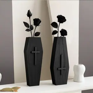 1Pc/2Pcs, Halloween Black Wooden Coffin Decor with Cross, Spooky Goth Home Ornament, Macabre Tabletop Decoration, Gothic Halloween Party Accent, Gravestone Decor