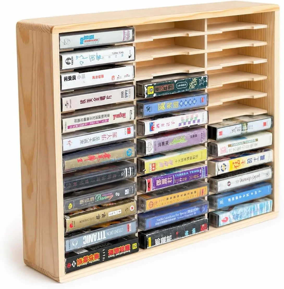 36 slots Cassette Tape Storage Rack Wood Holder, Wall Mount/Freestanding Audio Cassette Organizer for Tapes & Playing Card Storage