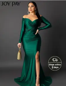JOYPAY Elegant Off Shoulder Long Sleeve Evening Dress for Women Satin Emerald Green Bodycon Gown with High Side Slit & Ruching for Formal Events