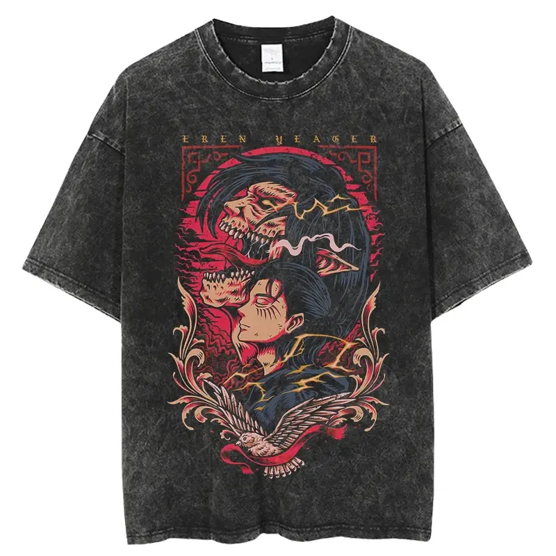 Menswear Attack on Titan Eren Jaeger Print Short-Sleeve Round Neck Distressed Festive T-Shirt, Vintage Manga Oversized Casual Harajuku Top for Men