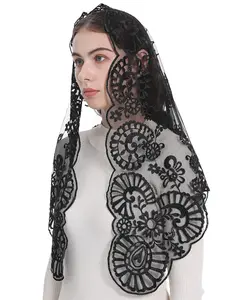 Bozidol Chapel Lace Mantilla Embroidery Floral Funeral Mourning Veil Catholic Church Mass Scarf Shawl Iglesia Velos (Black)