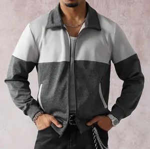 Men’s Lightweight Casual Collared Patchwork Jacket - Collegiate Style, Gray-White Contrast, Long Sleeve, Breathable Fabric, Zip-Up Closure, Side Pockets, Ultra-Versatile Fit
