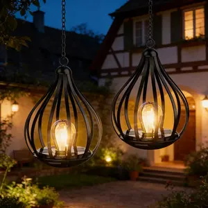 2 Pack Vintage Solar Hanging Lanterns, Outdoor Waterproof Cage Garden Lights, Warm White Decorative Solar Lanterns for Patio Yard Porch Pathway