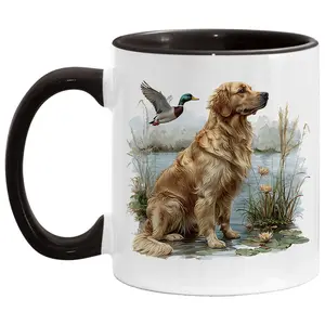 11oz Mallard Duck & Dog Printed Ceramic Accent Coffee Mug - Reusable, Washable Cup Tumbler, Hunting Gift for Couples Drinkware