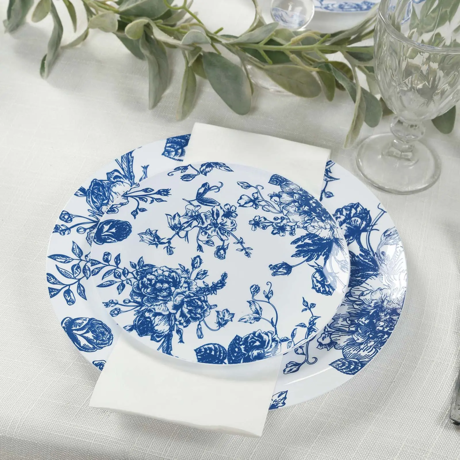 10-Pack French Toile Plastic Dessert Plates – Blue & White Floral, 7" Round Disposable Salad Plates, Plates For Party, Disposable Tableware