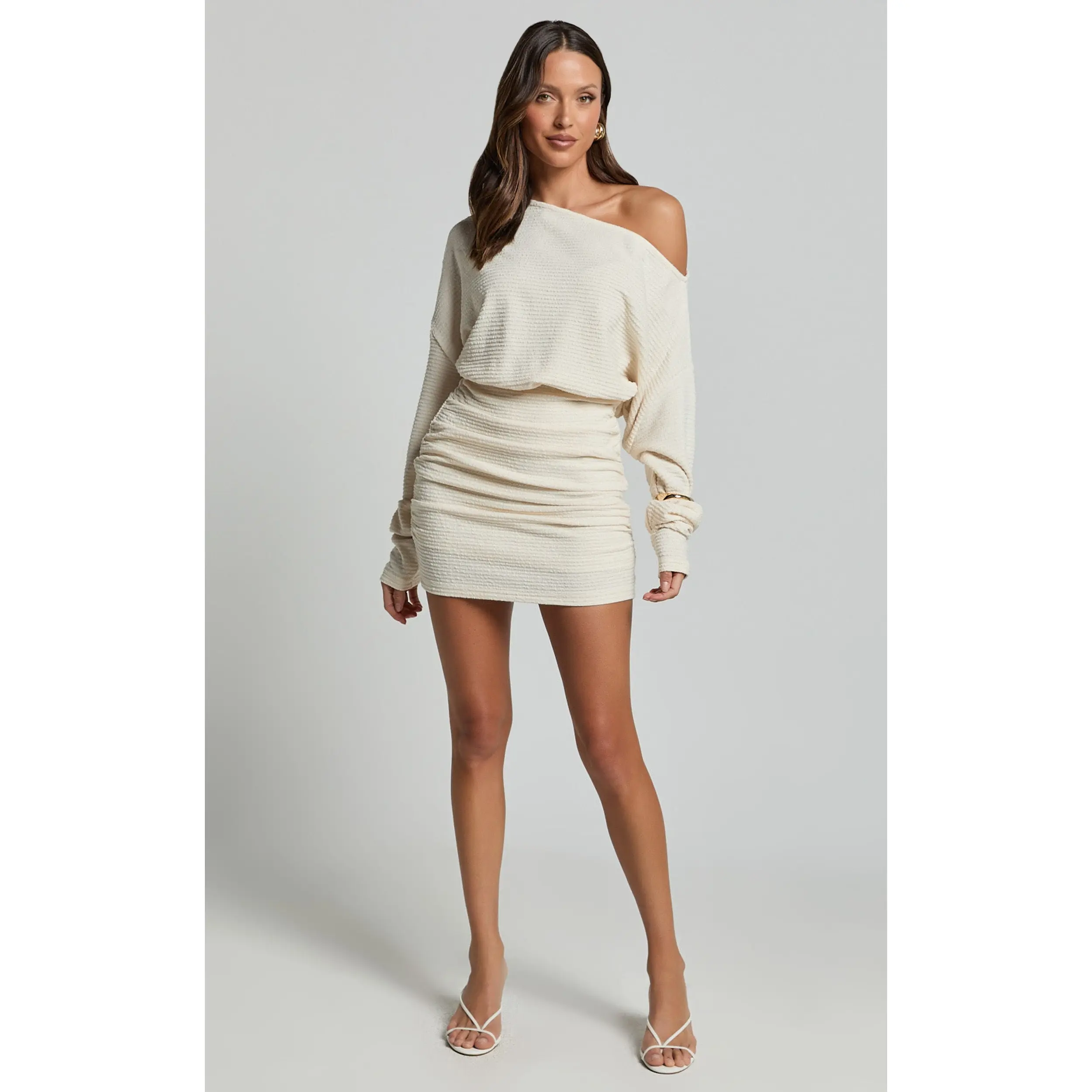 white one shoulder dress long sleeve Elegant One Shoulder Dress in Off White main image 0