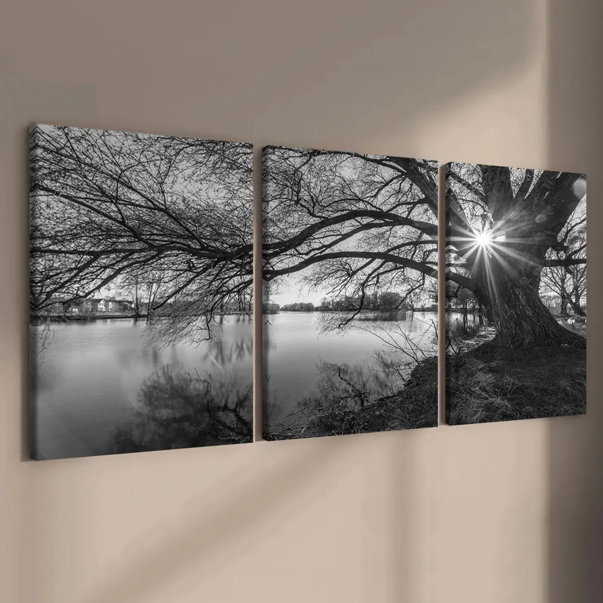 Wooden Framed Canvas Painting, 3 Counts/set Modern Art Black and White Lakeside Tree Shadow Poster, Decorative Artwork, Wall Art Decor for Home Living Room Bedroom Office, Ornaments, Art Wall Decoration