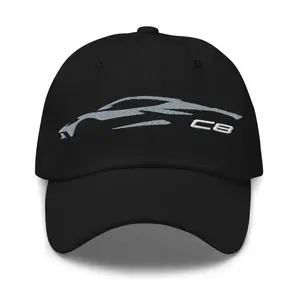 Sports Car C8 Outline Silhouette Gray Silver Corvette Owner Dad hat