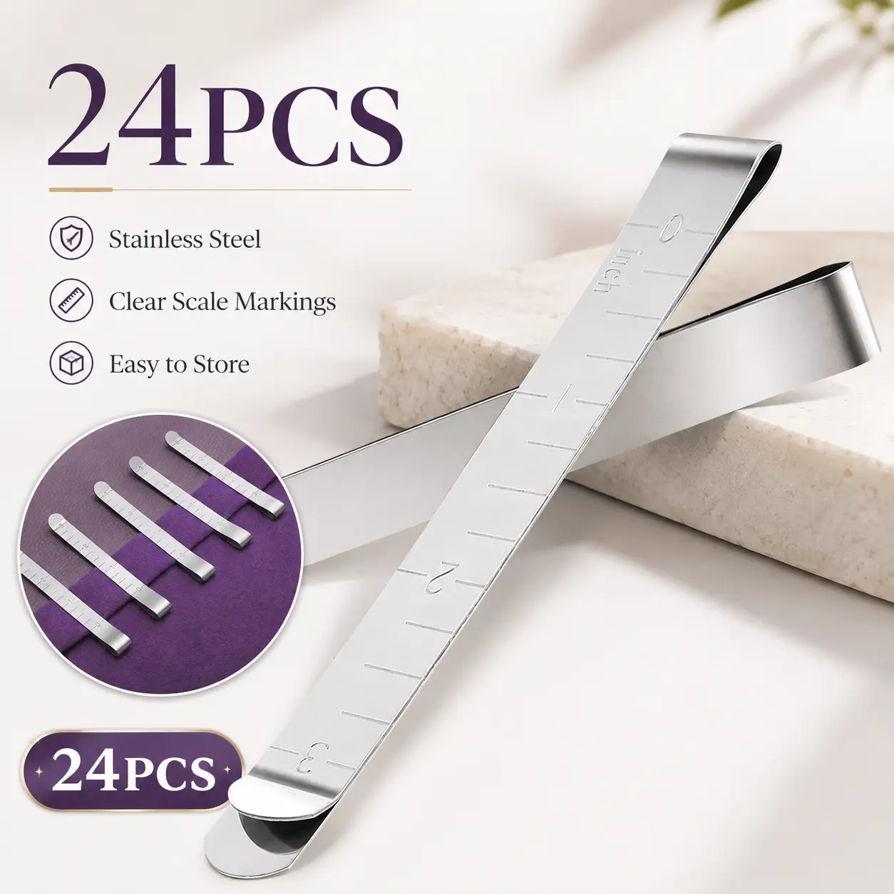 24Pcs Engraved Stainless Steel Magnetic Sewing Clips - Straight Edge, Engraved Measurement Guides, Polished Surface, 1-Handed Operation, Portable Fabric Clamps for Hemming, Crafts (Pin Replacement), One-Handed