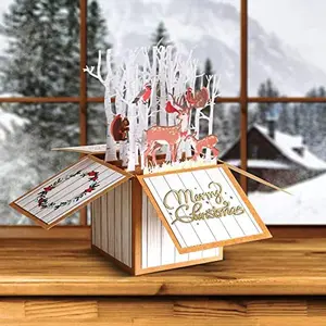3D Pop up Christmas Cards with Envelope-Christmas Greeting Card with Reindeer, Christmas Winter Holiday Gift Card, White Xmas Card with Birch Tree Woodland, Merry Chriestmas Card for Woman, Man, Kids