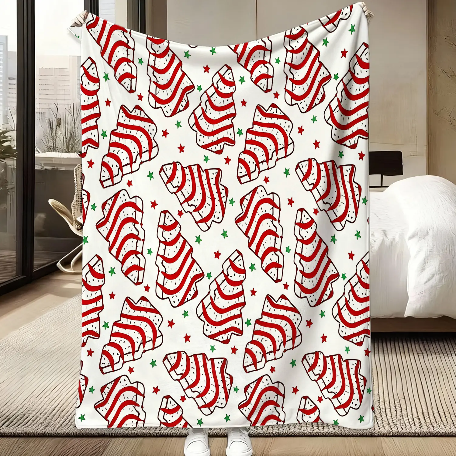 Retro Christmas Printed Flannel Blanket - Cozy Soft Warm Soft Bedding Throw, White Background, Red Striped Tree Cakes, Star Accents, Nostalgic Holiday Treat Design, Decorative Blanket, Ideal Gift for Snack Lovers, Cozy Throw Blanket, Decorative Blankets