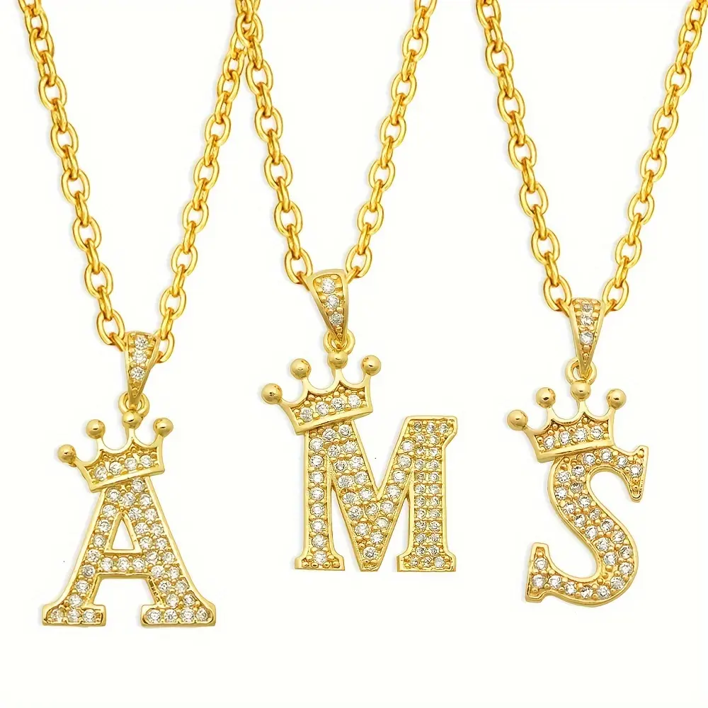 A-Z Crown Initial Necklace for Boys And Girls, 14K Gold-Plated Letter Pendant with a 40 Cm Chain Plus 5 Cm (Extended with Tail Piece) DIY Name Jewelry, Made of Copper And Synthetic Zirconia, a Perfect Mother'S Day Gift.