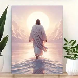2D flat design, Jesus walking on water canvas wall art, Christian God painting wall decor, minimalist faith inspirational sacred wall art, printed poster artwork, suitable for living room, bedroom, and Christian church home decoration, 2D flat poster