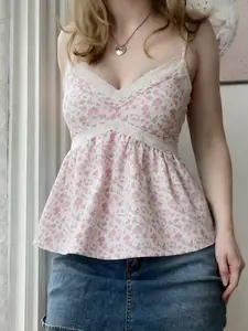 Y2K Sweet Cute Ditsy Floral Camisole Spaghetti Strap Lace Splicing V Neck Back Shirred A Line Sleeveless Vest Top for Women, Fitted Short Sleeveless Blouse