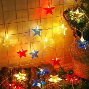 Red, white, and blue star string lights, powered by either solar energy or USB, patriotic LED fairy lights for Independence Day on July 4th, star lights for indoor and outdoor decoration in gardens, courtyards, parties, and homes