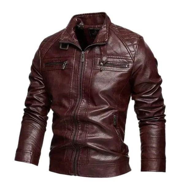 Men’s Distressed Brown Faux Leather Motorcycle Jacket - All Seasons Casual Outerwear with Multiple Zippered Pockets, Collared Neck, Slim Fit for Commuting, Cycling, Distressed Texture, Dual Zippers, Leather & Faux Leather, Polyester