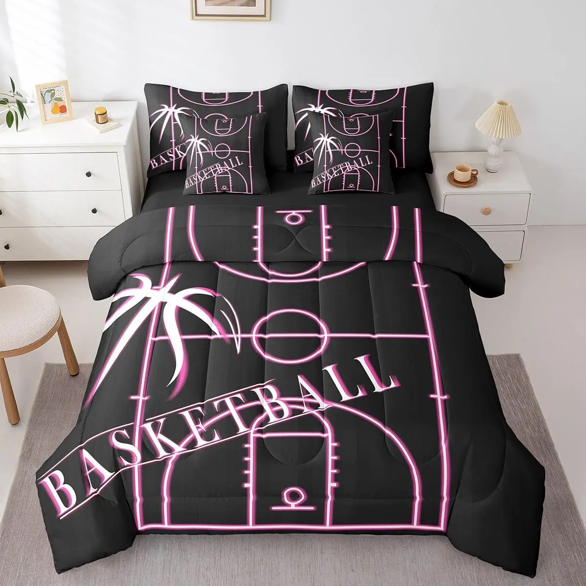 Kids Basketball Bedding Comforter Sets 7pcs for Pink Bed in a Bag,Ball Gamer Bedding Sets Sport Game Comforter Set,y Basketball Court Bedding Sets & Collections (Black Reversible)