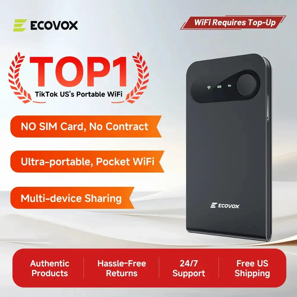 [Deals For You Days] ECOVOX Global Portable WiFi Hotspot, 4G LTE Pocket Router, Multi-Carrier Support, 150Mbps, FCC Certified, 86g Lightweight, Free 1GB Data for Travel, RVs & Road Trips