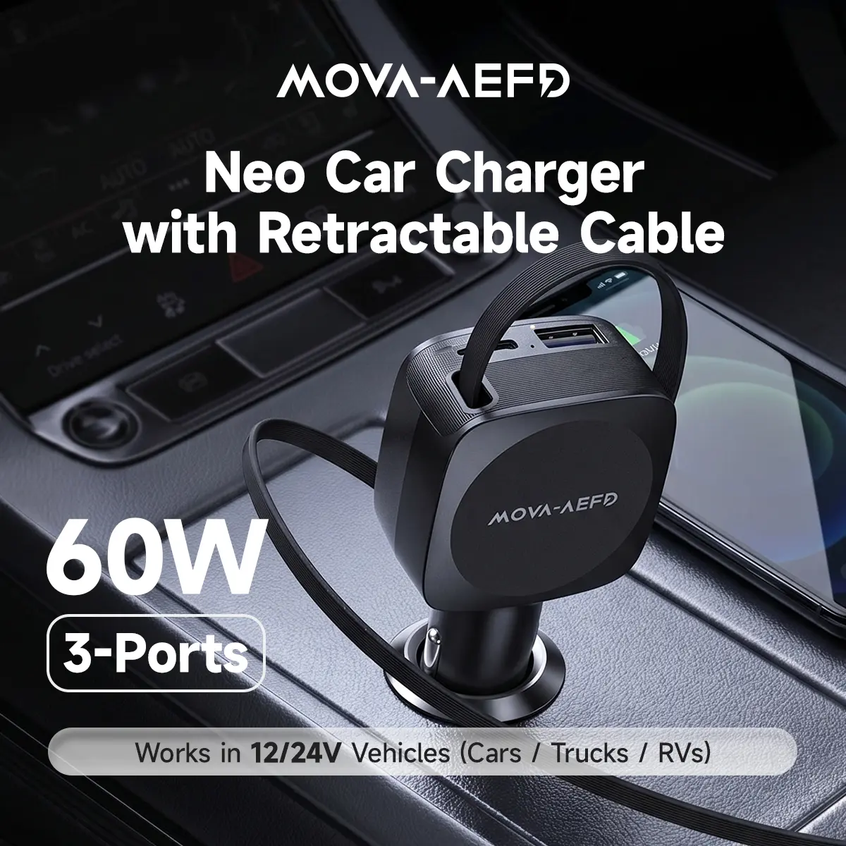 Neo Car Charger, 60W Max Fast Charging,  3 Ports, 2×USB-C, 1×USB-A, Built-In Retractable USB-C Cable