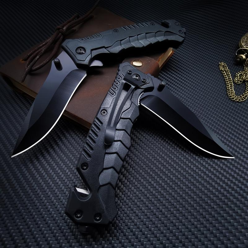 Heavy - Duty Black Folding Knife with Ergonomic Grip for Camping & Adventure